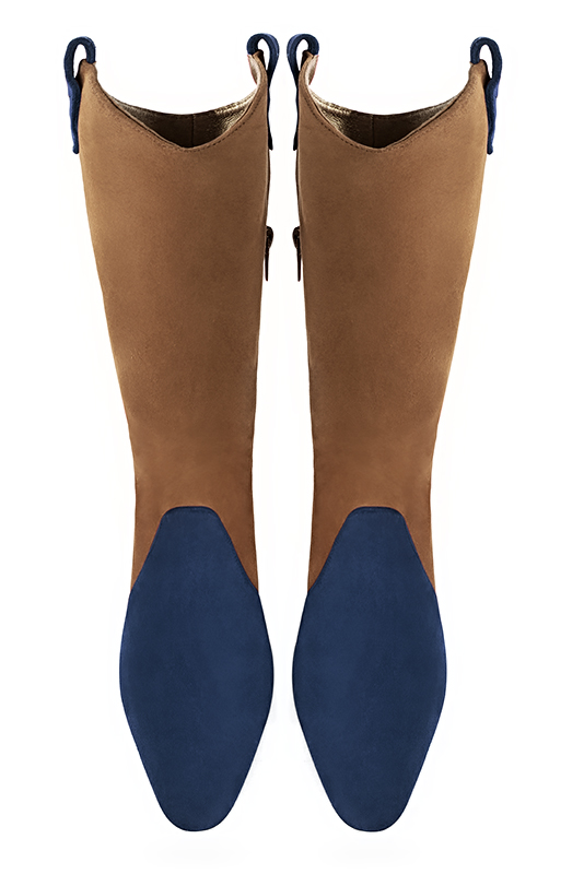Navy blue and caramel brown women's mid-calf boots. Round toe. Medium block heels. Made to measure. Top view - Florence KOOIJMAN